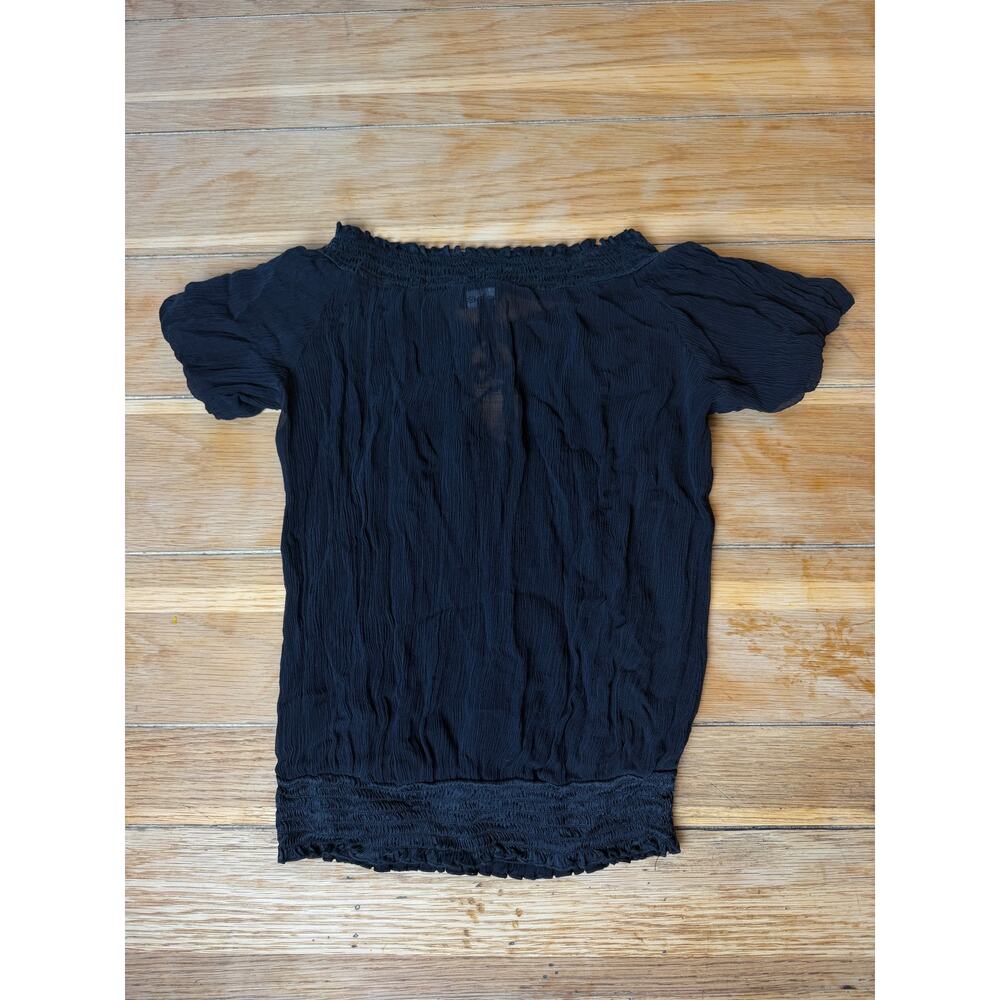 Bebe Y2K 100% Silk Black Smocked Top Blouse Short Sleeve Ruffle Size S - Picture 2 of 9